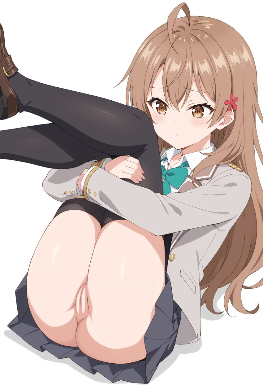 ass bare_legs bottomless brown_eyes brown_hair legs_up long_hair mariya_mikhailovna_kujou nekom14 no_panties pussy school_uniform tokidoki_bosotto_roshia-go_de_dereru_tonari_no_alya-san