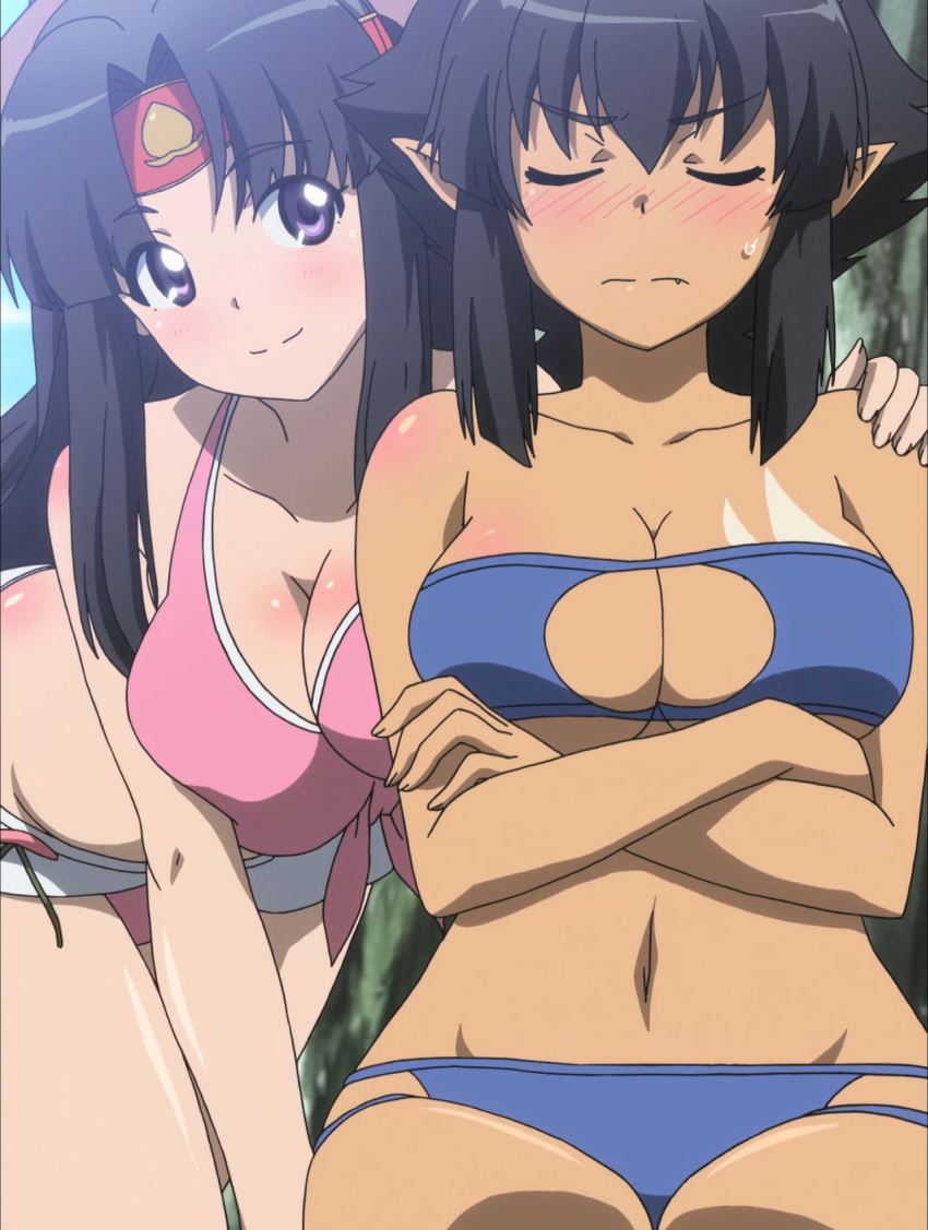 2_girls all_fours bare_arms bare_legs bare_shoulders big_breasts big_breasts bikini black_hair blue_bikini blue_swimsuit blush breasts cleavage closed_eyes closed_mouth crossed_arms dark-skinned_female dark_skin day demon_girl duo female_only hair_between_eyes hand_on_another's_shoulder interracial long_hair looking_at_another looking_at_viewer midriff momo_kyun_sword momoko_(momokyun) multiple_girls navel neck onihime_(momokyun) outside pink_bikini pink_swimsuit pointy_ears purple_eyes screencap serious sitting smile strapless strapless_bikini strapless_swimsuit sweatdrop swimsuit thick_thighs thighs yuri