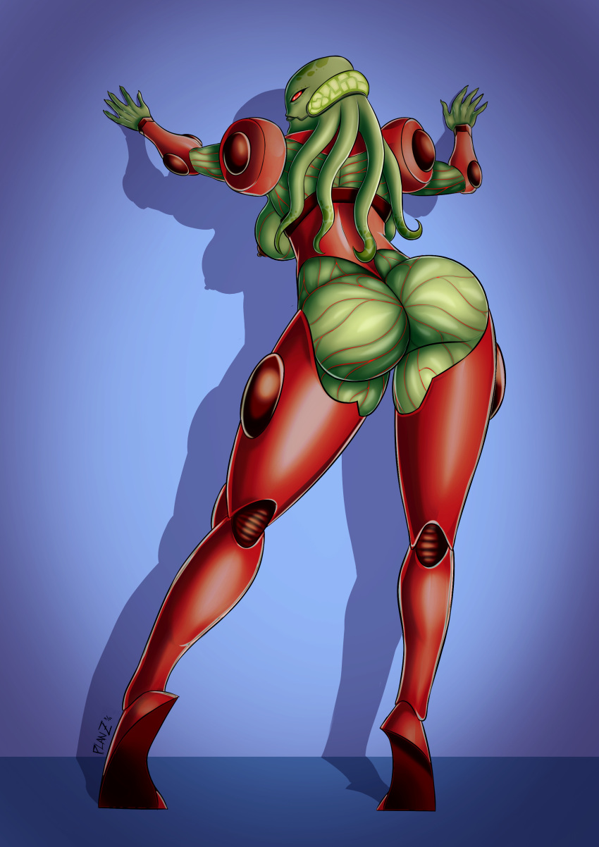 1girl 1girls alien alien_girl ass ass_focus ass_up back back_view ben_10 big_ass big_breasts breasts cartoon_network cephalopod_humanoid chimera_sui_generis female_only green_body green_skin humanoid legwear looking_at_viewer myaxx nipples planz34 red_eyes red_legwear red_nipples round_ass smooth_skin solo_female tentacle_hair