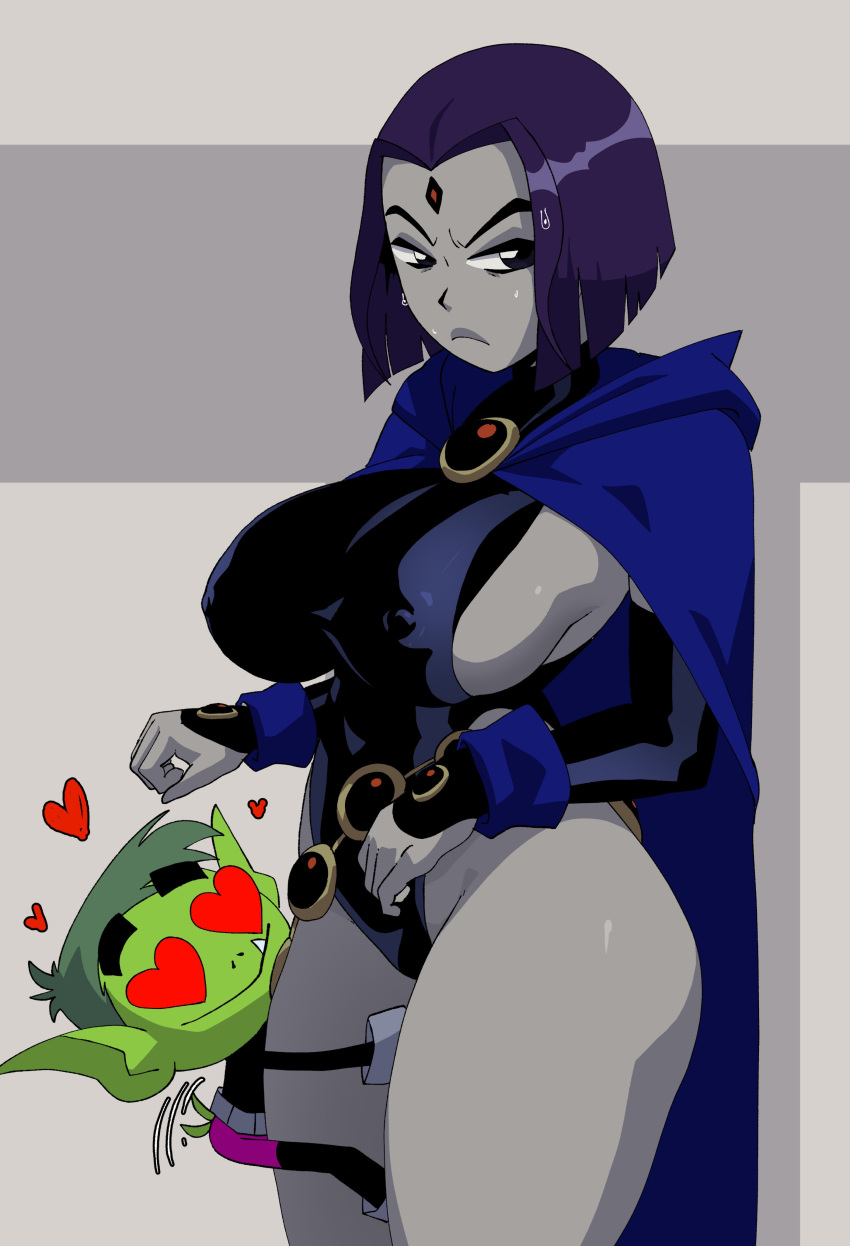 1boy 1girl accurate_art_style ass beast_boy beast_boy_(teen_titans_go!) belt big_breasts black_leotard blue_cape breasts cape cartoon_network chibi clothing colored_skin coolerinker crossover curvaceous dc dc_comics erect_nipples_under_clothes female female_only forehead_jewel garfield_logan gloves green_skin grey_skin half_demon heart heart-shaped_pupils highleg huge_breasts inkershike leotard looking_at_viewer male older_female purple_eyes purple_hair rachel_roth raven_(dc) raven_(teen_titans) short_hair sideboob solo_focus standing symbol-shaped_pupils teen_titans teen_titans_go teen_titans_go_vs_teen_titans teenage_girl thick_thighs thighs warner_brothers wide_hips