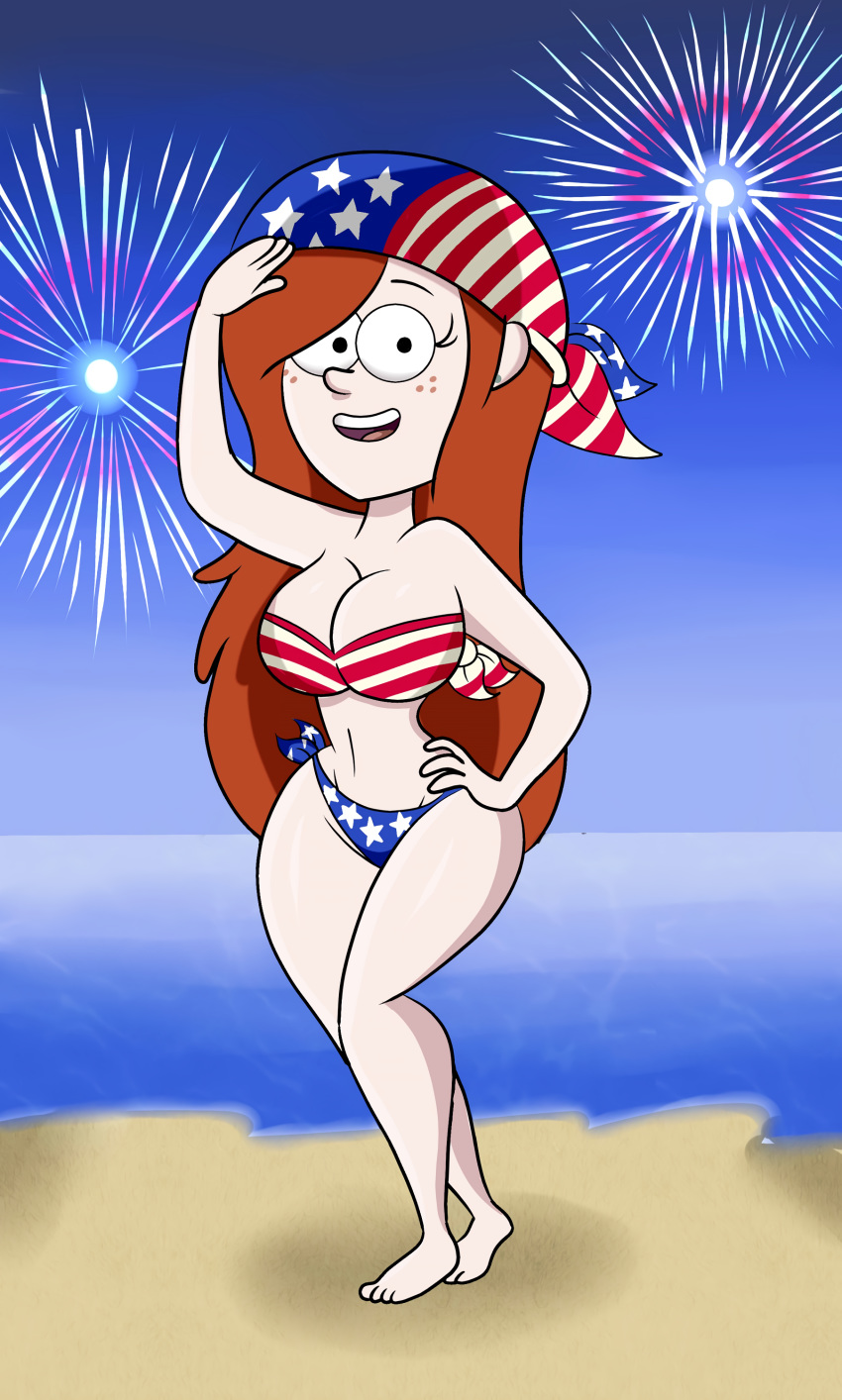 1girl 1girl 1girl 4th_of_july american_flag american_flag_bikini american_flag_hat bandana barefoot beach big_breasts big_breasts big_breasts bikini black_eyes breasts cleavage curvy feet fireworks freckles gravity_falls hand_on_hip hourglass_figure legs long_hair looking_at_viewer open_mouth red_hair roco340 salute shiny_skin smile straight_hair water wendy_corduroy wide_hips