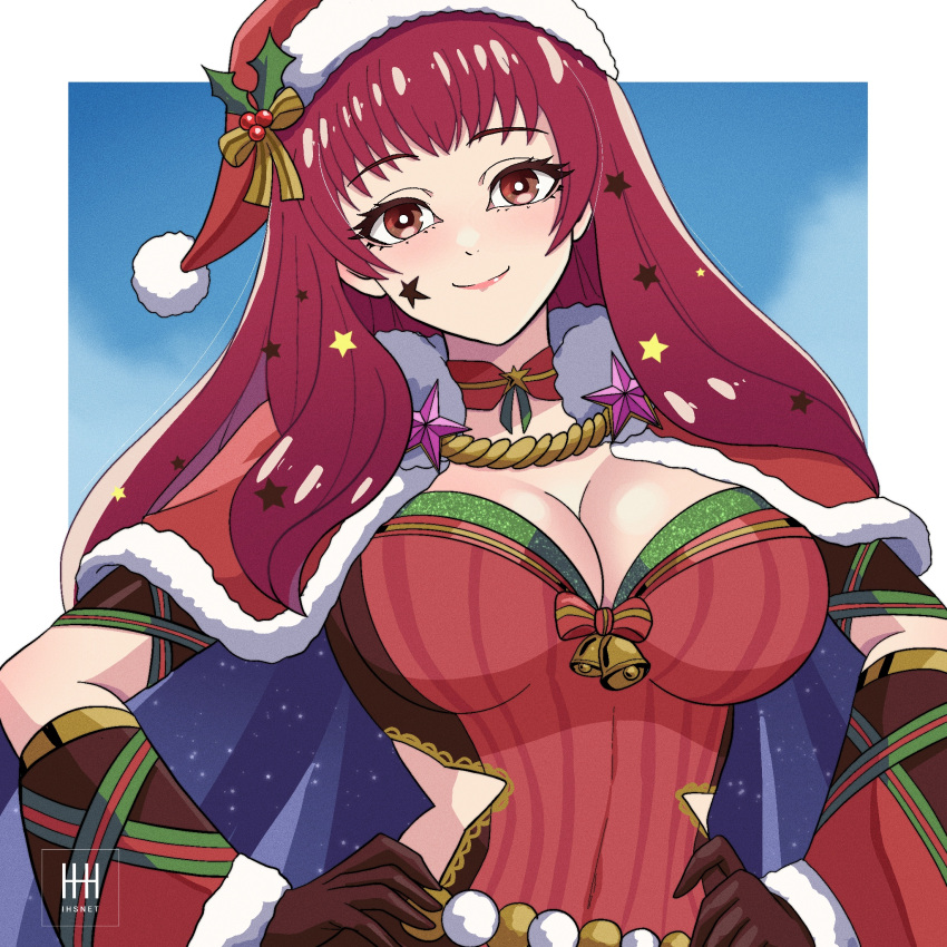 1girl 1girl 1girl alluring big_breasts blue_cape bodysuit cape christmas cleavage facial_mark fire_emblem fire_emblem_engage fire_emblem_heroes hair_ornament hat high_res ihsnet multicolored_cape multicolored_clothes nintendo official_alternate_costume red_bodysuit red_cape santa_hat star_(symbol) star_facial_mark star_hair_ornament star_print yunaka_(fire_emblem) yunaka_(fire_emblem)_(spirited_envoy)