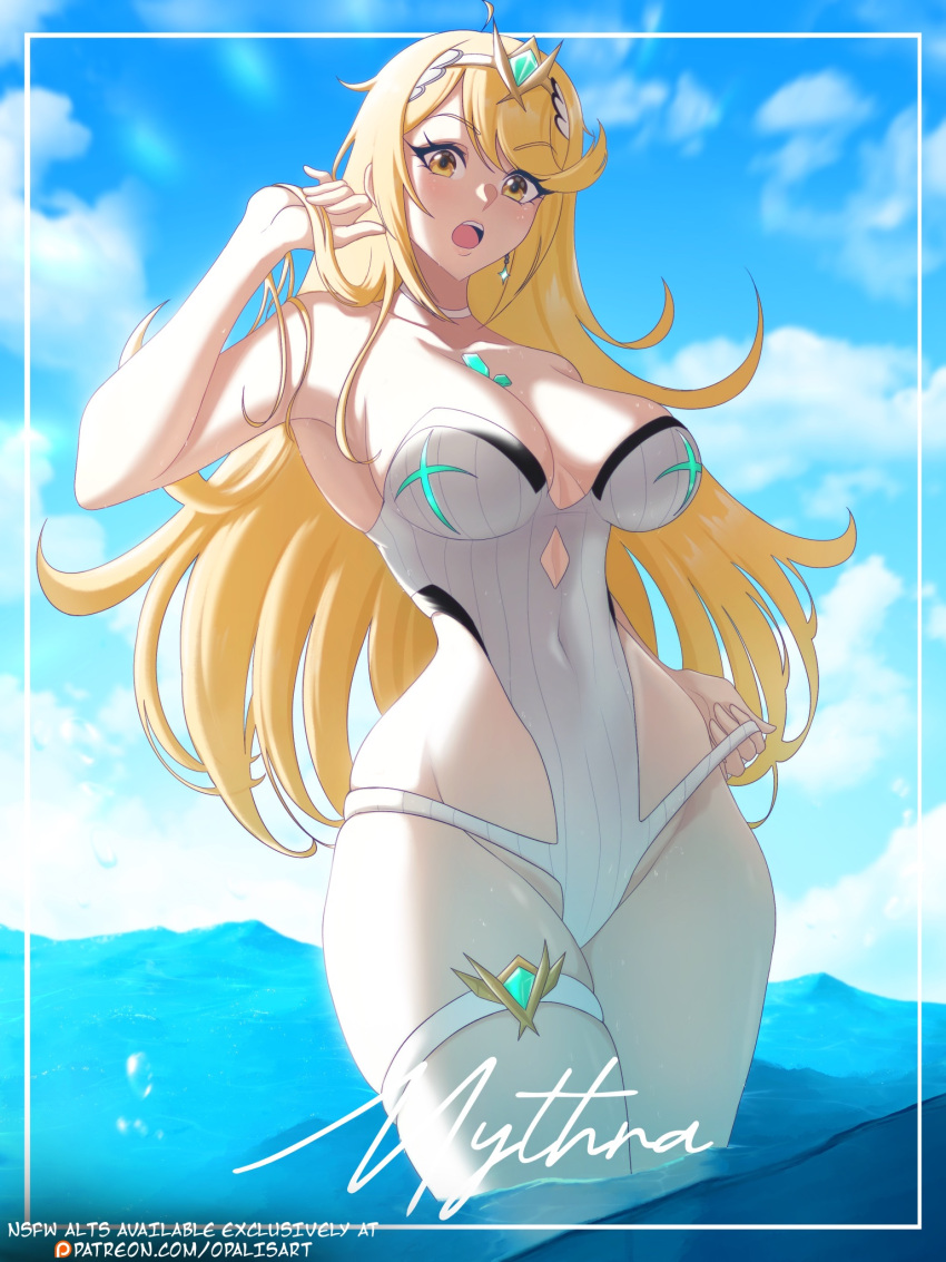 1girl 1girls absurd_res arm_up bare_arms bare_chest bare_hands bare_hips bare_legs bare_shoulders bare_skin bare_thighs bewitching_thighs big_breasts bikini birthing_hips blonde_eyebrows blonde_female blonde_hair blonde_hair_female blue_background blue_sky bust_cup child_bearing_hips cleavage clouds collarbone curvaceous curvaceous_body curvaceous_female curvaceous_figure curvaceous_hips curvaceous_thighs curvy curvy_body curvy_female curvy_figure curvy_hips curvy_thighs day daylight daytime dot_nose dripping_wet earrings elbows exposed_arms exposed_chest exposed_hips exposed_legs exposed_shoulders exposed_skin exposed_thighs eyebrows_visible_through_hair fair_skin female_only fertile_hips fingers green_eyes green_eyes_female groin hair_ornament hair_ornaments half_submerged hand_up head_tilt high_res high_resolution horizon hourglass_figure lean_body lean_figure legs light-skinned_female light_skin lips long_hair looking_at_viewer looking_down looking_down_at_viewer looking_surprised midriff mythra narrow_waist navel ocean one-piece_bikini opalisart open_mouth outdoor outside pale-skinned_female pale_skin parted_bangs parted_lips partially_submerged partially_submerged_legs pussy sea seaside shoked shoulders sideboob sky slender_body slender_waist slim_girl slim_waist smooth_skin soaked standing submerged_feet submerged_legs surprised surprised_expression surprised_eyes surprised_face surprised_look surprised_reaction swimsuit swimwear thick_thighs thighband thighs thin_waist tiara tilted_head tiny_waist tongue under_boob upper_body upper_teeth v-line wasp_waist water wet wet_bikini wet_body wet_legs wet_skin wet_thighs white_bikini white_one-piece_bikini white_swimwear white_thighband wide_hips xenoblade_(series) xenoblade_chronicles_2