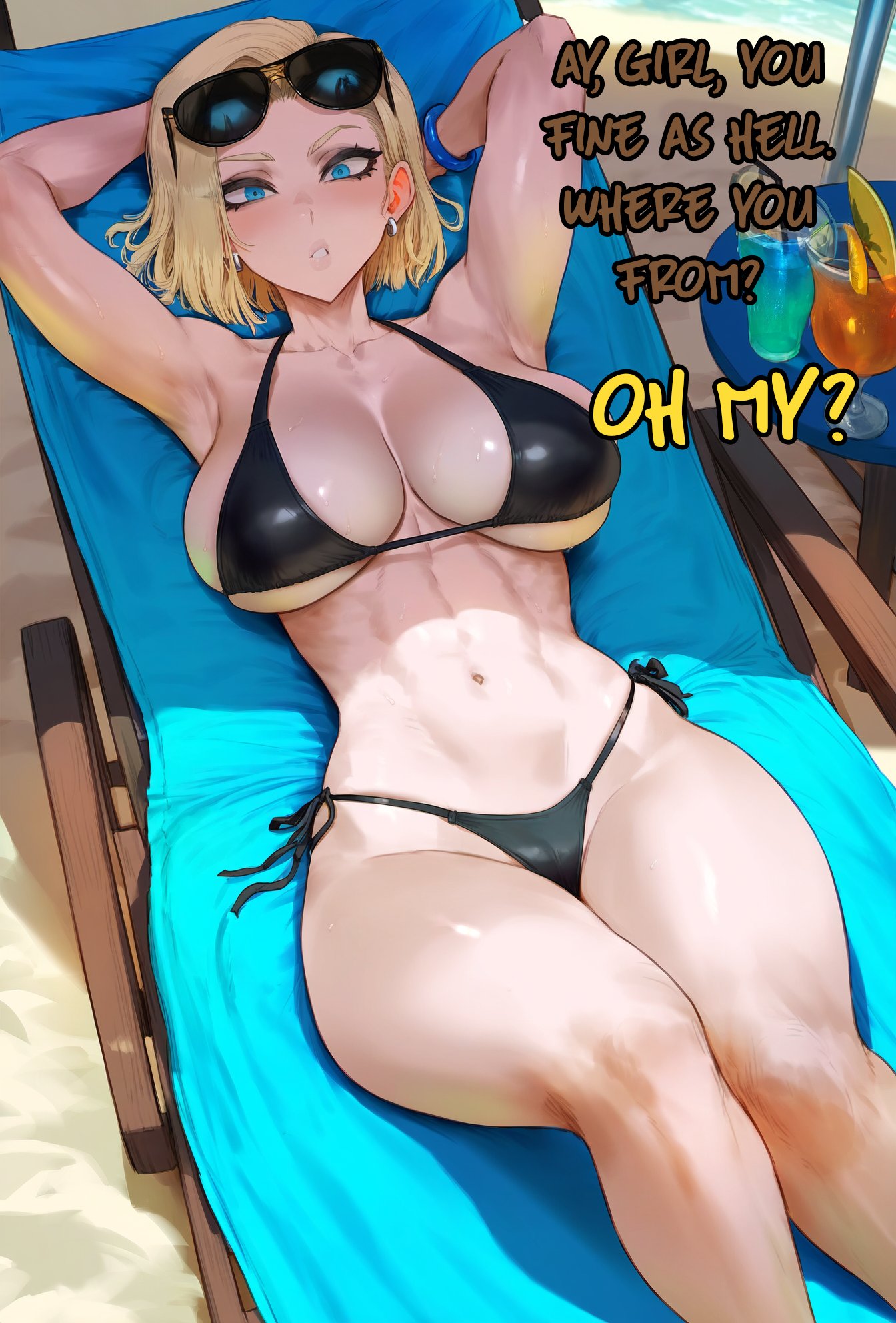 1girl abs adult_swim ai_generated aipotions android_18 bare_arms bare_legs bare_shoulders bare_thighs big_breasts bikini bikini_bottom bikini_top blonde_hair blue_eyes blush clothed clothing color dragon_ball dragon_ball_z english_text eyewear_on_head female female_focus female_only high_res light-skinned_female light_skin looking_at_viewer short_hair solo solo_female sunglasses tagme text thick_thighs toei_animation toned_female toonami