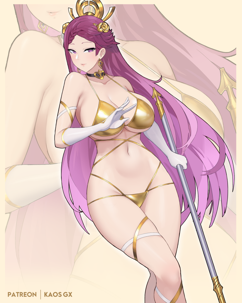 1girl alluring alternate_costume big_breasts bikini cleavage commentary earrings fire_emblem fire_emblem_heroes gloves gold_bikini hair_ornament holding holding_weapon jewelry kaos_art loki_(fire_emblem) long_hair looking_at_viewer navel nintendo purple_eyes purple_hair sideboob swimsuit thigh_strap thighs under_boob weapon white_gloves zoom_layer