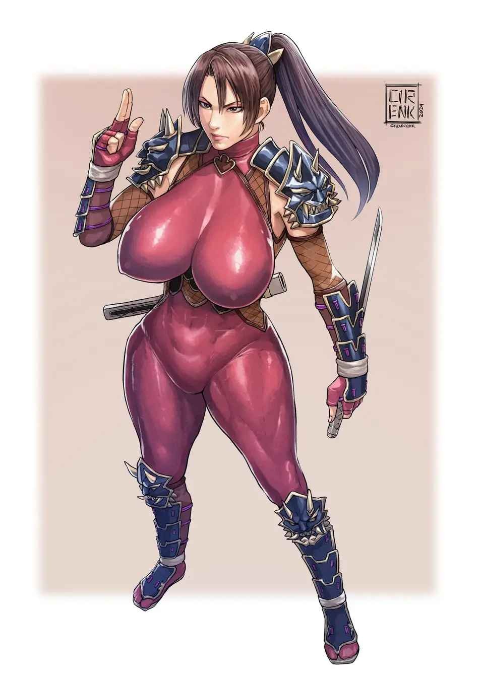 1girl alluring asian asian_female athletic_female big_breasts bodysuit brown_hair cirenk female_abs fit_female grey_eyes kunoichi ninja pin_up project_soul simple_background soul_calibur soul_calibur_ii soul_calibur_iii soul_calibur_vi taki tight_clothing weapon