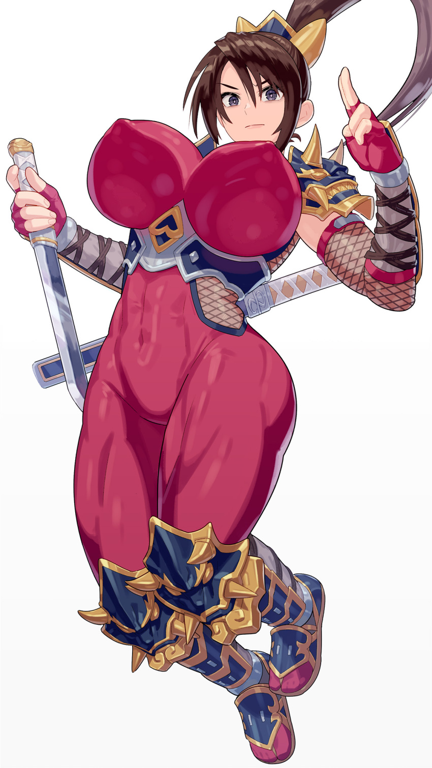 1girl alluring athletic_female big_breasts bodysuit brown_hair female_abs fit_female grey_eyes kunoichi pin_up project_soul soul_calibur soul_calibur_ii soul_calibur_iii soul_calibur_vi taki yagi