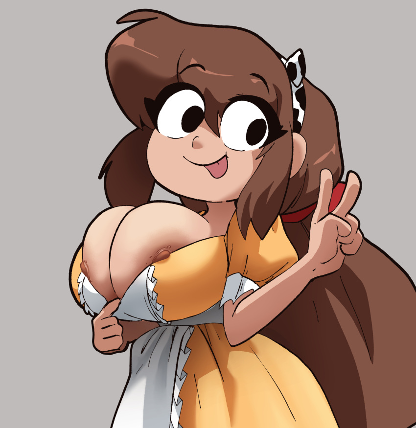 1girl areola areola_slip areolae_peeking big_breasts brown_hair cleavage coolerinker cow_headband female_only horns_hairband inker_comics inkershike long_hair mona_(inker_comics) nipples nipples_peek presenting_breasts tongue v yellow_dress