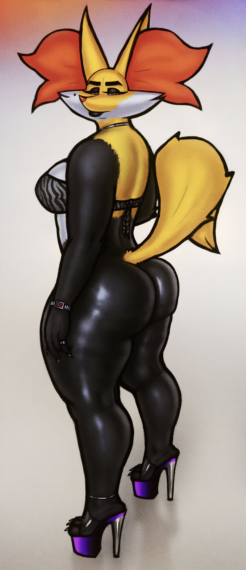 1girl big_ass big_breasts black_fur brassier collar delphox fluffy_ears fluffy_tail fox long_ears milf platform_shoes seductive sexy sexy_face sexy_milf silver_collar sligarthetiger tail tall_female thick watch white_skin yellow_skin