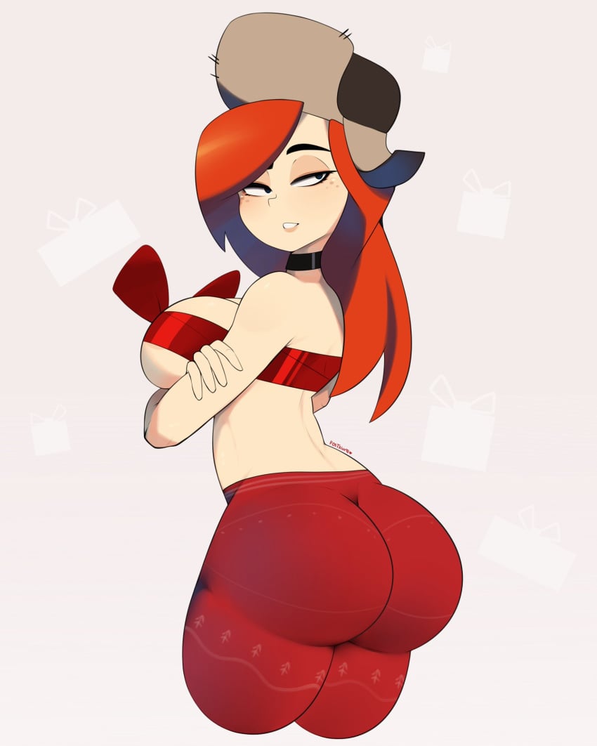 1girl 1girl 1girl 2d artist_name ass breasts choker christmas crossed_arms disney female_only freckles gravity_falls half-closed_eyes hat huge_ass human human_only humanoid jpeg light-skinned_female light_skin looking_at_viewer looking_back not_furry pale-skinned_female pale_skin pawg postblue98 red_hair red_head ribbon simple_background solid_color_background standing teasing thick_thighs thighs watermark wendy_corduroy wide_hips