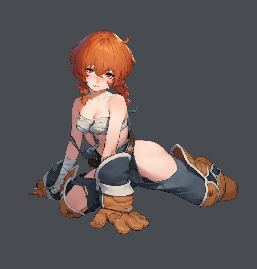 1girl 1girl 1girl absurd_res all_fours bandage bandage_bra bandaged_arm bare_hips bare_shoulders beeeeen blue_overalls braid breasts brown_eyes chest_sarashi cleavage clenched_teeth collarbone dutch_girl_(last_origin) female_only gauntlets grey_background hair_between_eyes high_res last_origin looking_at_viewer medium_breasts official_art orange_hair overalls sarashi solo_female sweat thick_thighs torn_clothes twin_braids