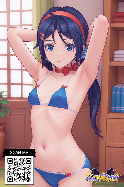 1girl 1girl 1girl ai_generated armpits arms_behind_head arms_up bangs bare_shoulders bikini black_hair blue_bikini blue_eyes blue_hair blue_scrunchie blue_swimsuit blush book bow breasts choker clavicle closed_mouth clothing curtains hair_ornament hair_scrunchie hairband hairclip headwear indoors littlehentai long_hair looking_at_viewer medium_breasts miside mita navel plant red_bow red_choker red_hairband savitar savitar_(artist) scrunchie short_hair small_breasts standing stomach swimsuit tied_hair window