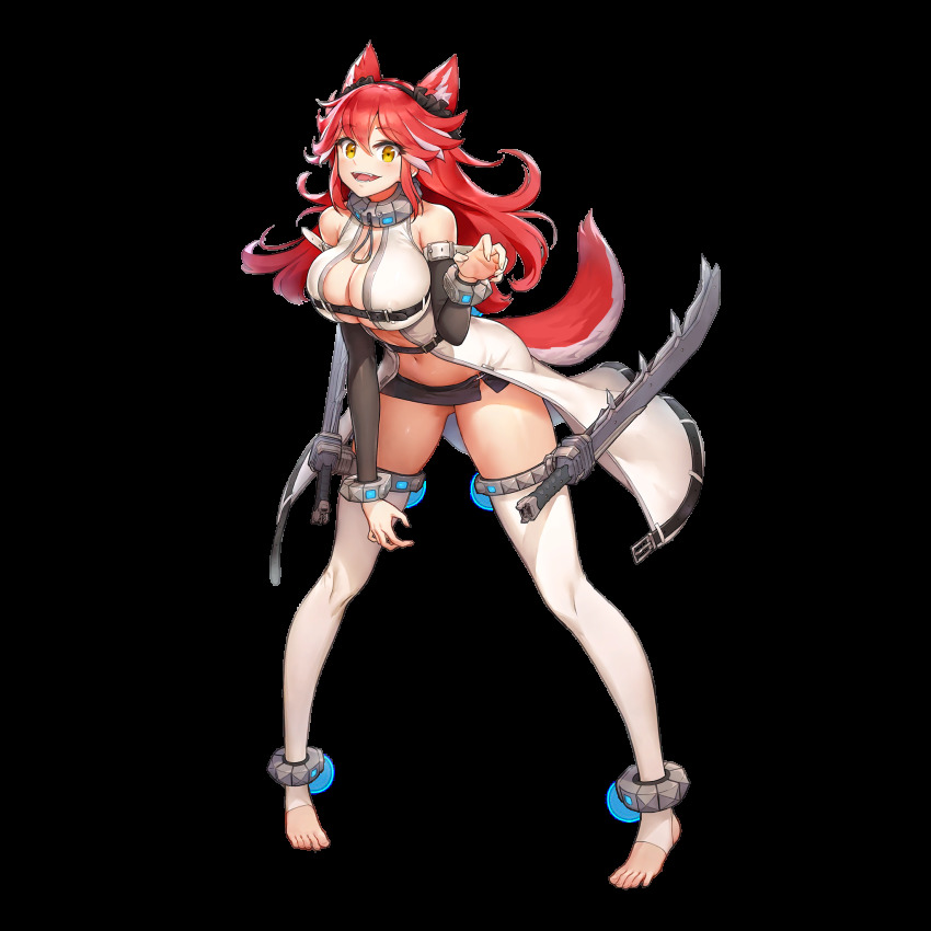 1girl 1girl 1girl animal_ears areola_bulge barefoot big_breasts breasts claw_pose cleavage extra_ears fangs female_only fenrir_(last_origin) full_body game_cg high_res kakiman last_origin long_hair looking_at_viewer microskirt navel no_bra no_panties official_art red_hair skirt solo_female stockings tachi-e tail thick_thighs toeless_legwear toes wolf_ears wolf_girl wolf_tail yellow_eyes