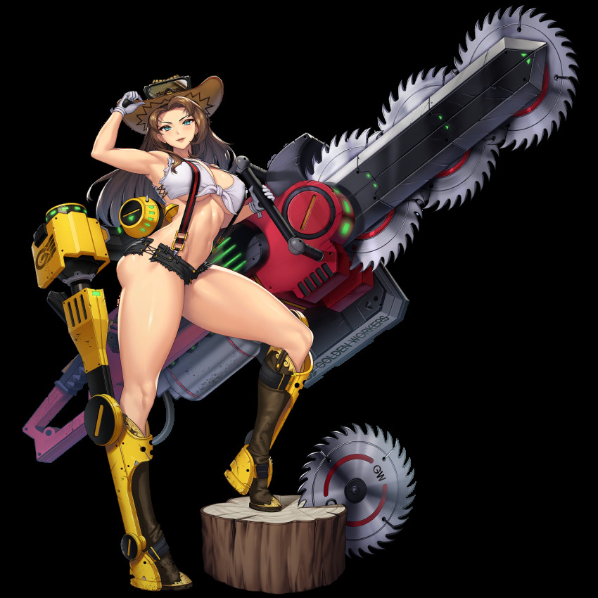 1girl 1girl 1girl ass_visible_through_thighs big_ass big_breasts blue_eyes breasts brown_hair c.honey chainsaw circular_saw cleavage cowboy_hat cutoffs eyewear female_only front-tie_top full_body game_cg gloves hat high_res huge_breasts last_origin long_hair looking_at_viewer lumberjane_(last_origin) midriff mole_under_eye navel official_art saw short_shorts smile solo_female suspender_shorts suspenders suspenders_gap tachi-e thick_thighs tree_stump under_boob weapon white_gloves wide_hips