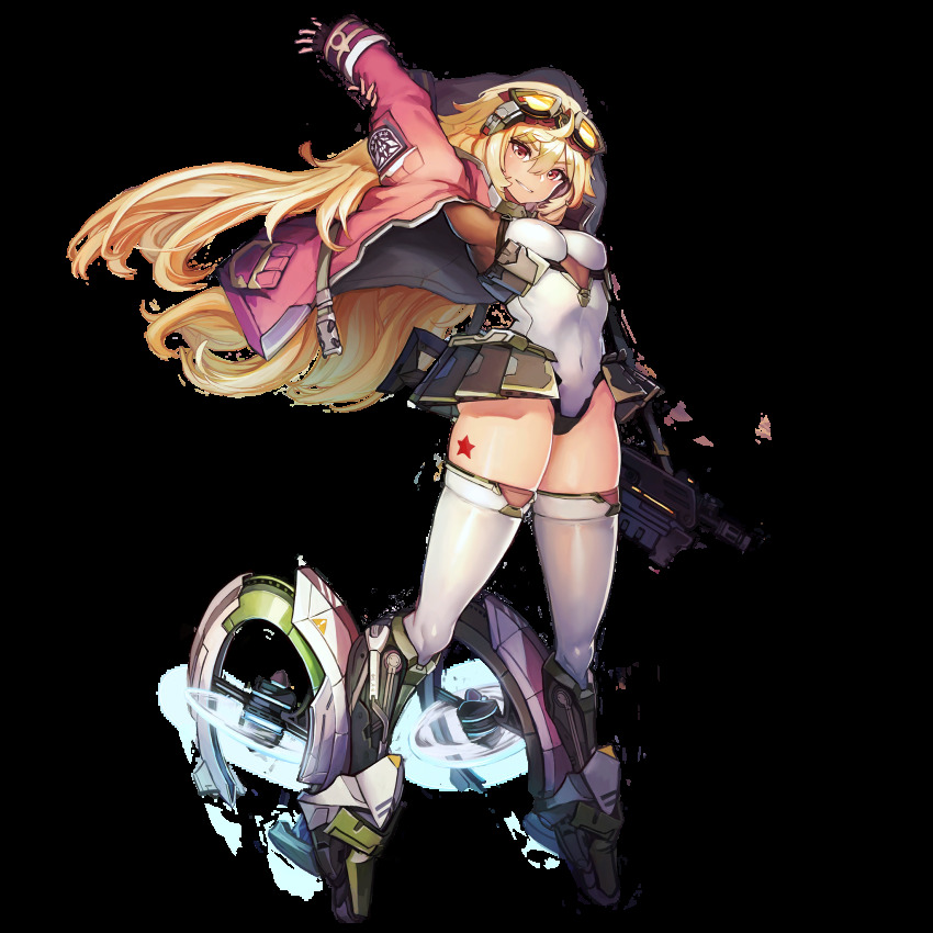 1girl 1girl 1girl assualt_rifle blonde_hair breasts female_only fingerless_gloves full_body game_cg gloves goggles goggles_on_head grin gun hair_between_eyes high_res jacket last_origin leotard long_hair looking_at_viewer navel nipple_outline official_art p-24_pinto paintale pinto_(last_origin) red_eyes rifle skindentation solo_female stockings tachi-e thick_thighs weapon white_thighhighs