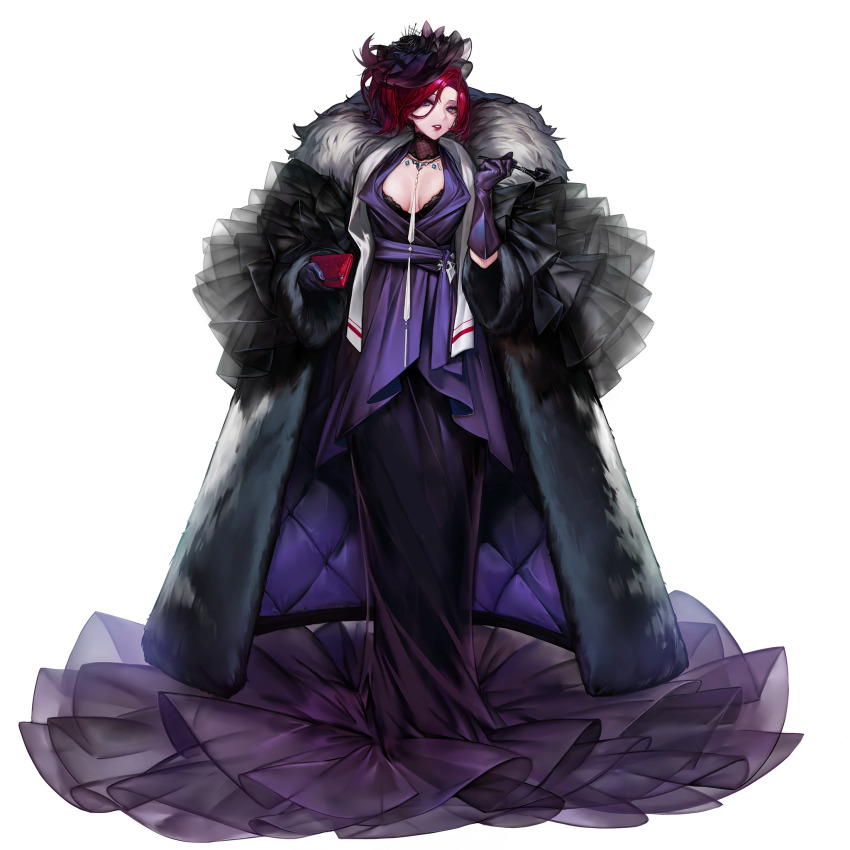 1girl 1girl absurd_res bag breasts cleavage coat dress formal_clothes full_body fur_coat gloves gown hair_between_eyes handbag high_res jewelry last_origin lemonade_delta lipstick long_dress long_hair looking_at_viewer makeup official_art purple_dress purple_eyes purple_gloves red_hair smoking_pipe tachi-e