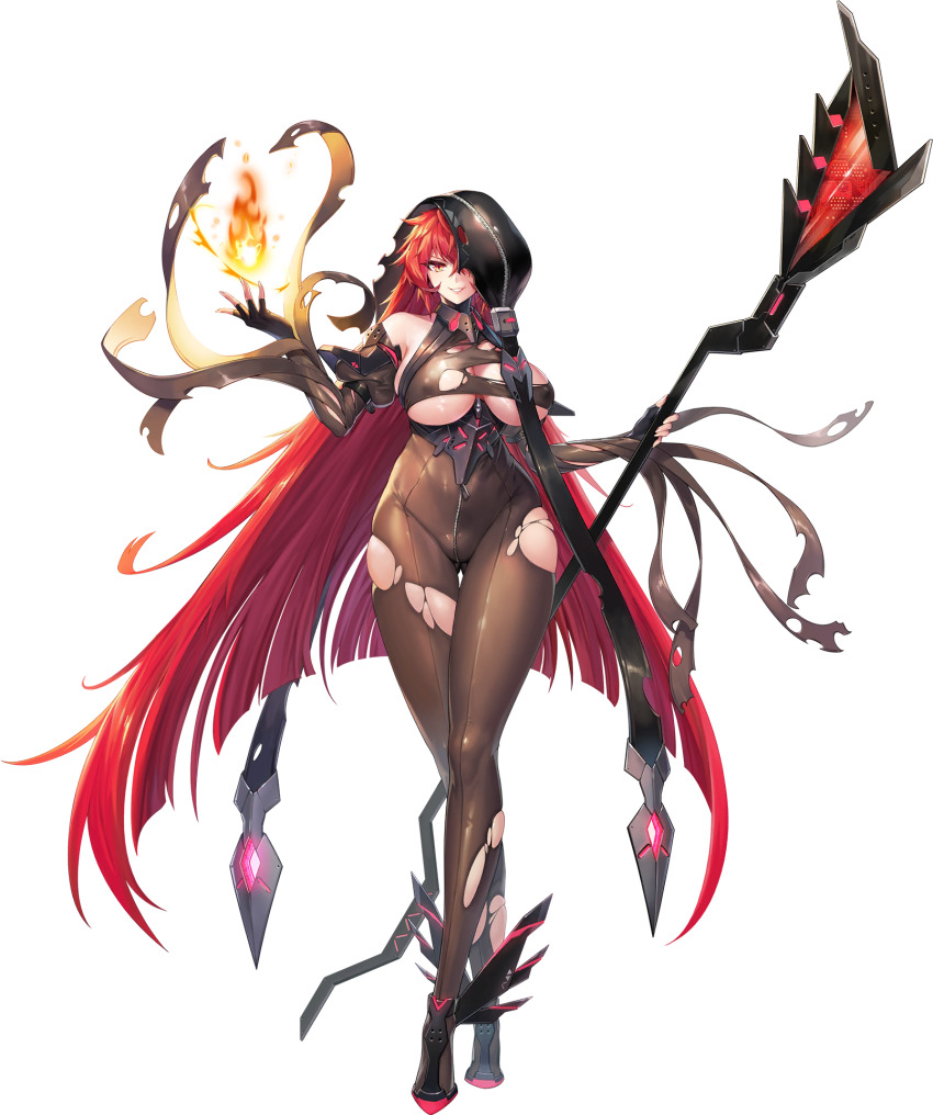 1girl 1girl big_breasts bodysuit breasts brunhild_(last_origin) elbow_gloves fingerless_gloves fire full_body gloves grin hair_over_one_eye high_res hood_over_one_eye last_origin luvents3 nipple_bulge official_art pyrokinesis red_eyes red_hair smile staff tachi-e thigh_gap torn_bodysuit torn_clothes transparent_background very_long_hair wide_hips