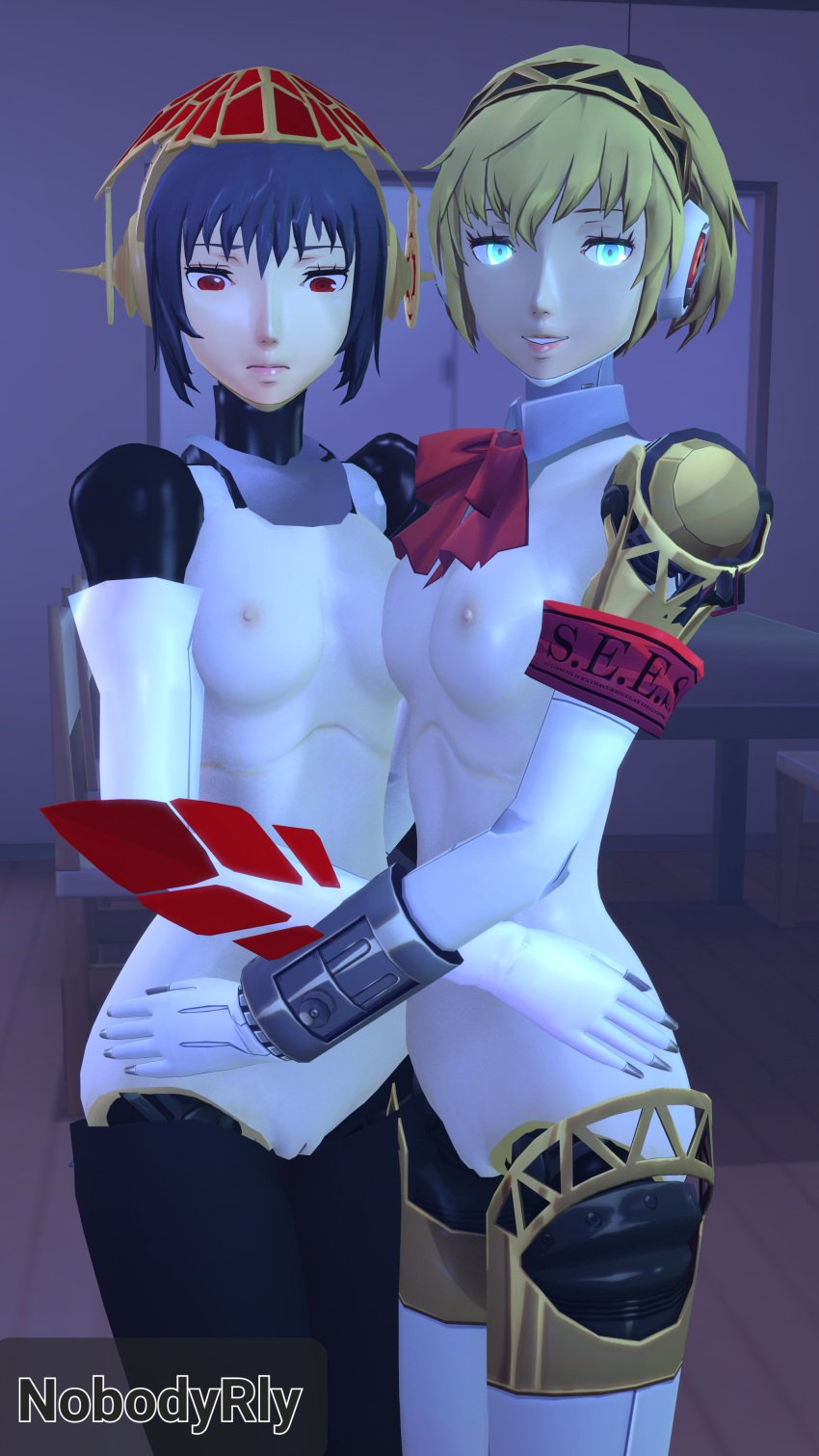 1girl 2_girls aegis_(persona) aigis areola black_hair blonde_hair blue_eyes breasts embarrassed hands_on_hips headgear looking_at_viewer looking_down metis_(persona) nipples nobodyrly_(artist) nude nude persona persona_3 pov red_eyes ribbon_tie robot_girl seductive_smile smile