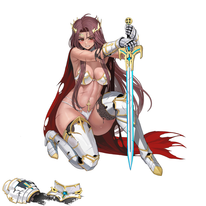 1girl adhesive_bra ahoge armor armpit_crease big_breasts blush boots bra breasts broken_armor broken_crown broken_sword cape circlet clenched_teeth convenient_censoring cross cuisses dark-skinned_female defeated ear_piercing full_body game_cg gauntlets gold_trim gorget greaves high_res holding_sword holding_weapon injury knight last_origin linea_alba long_hair looking_at_viewer machinery naked_armor navel navel_piercing o-ring_bottom o-ring_top official_alternate_costume official_art on_one_knee pauldrons piercing poleyn prester_johanna red_cape red_eyes red_hair sabaton scratches skindentation solo_female strapless_bra tachi-e taesi tear thick_eyebrows thick_thighs thong torn_cape torn_clothes underwear vambraces very_long_hair weapon white_armor white_underwear