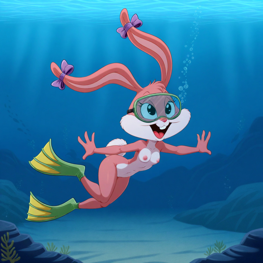 1girl ai_generated anthro babs_bunny bow breasts bubbles diving_mask female flippers furry mask navel nipples nude ocean rabbit sea skinny_dipping small_breasts solo swimming tiny_toon_adventures underwater warner_brothers water