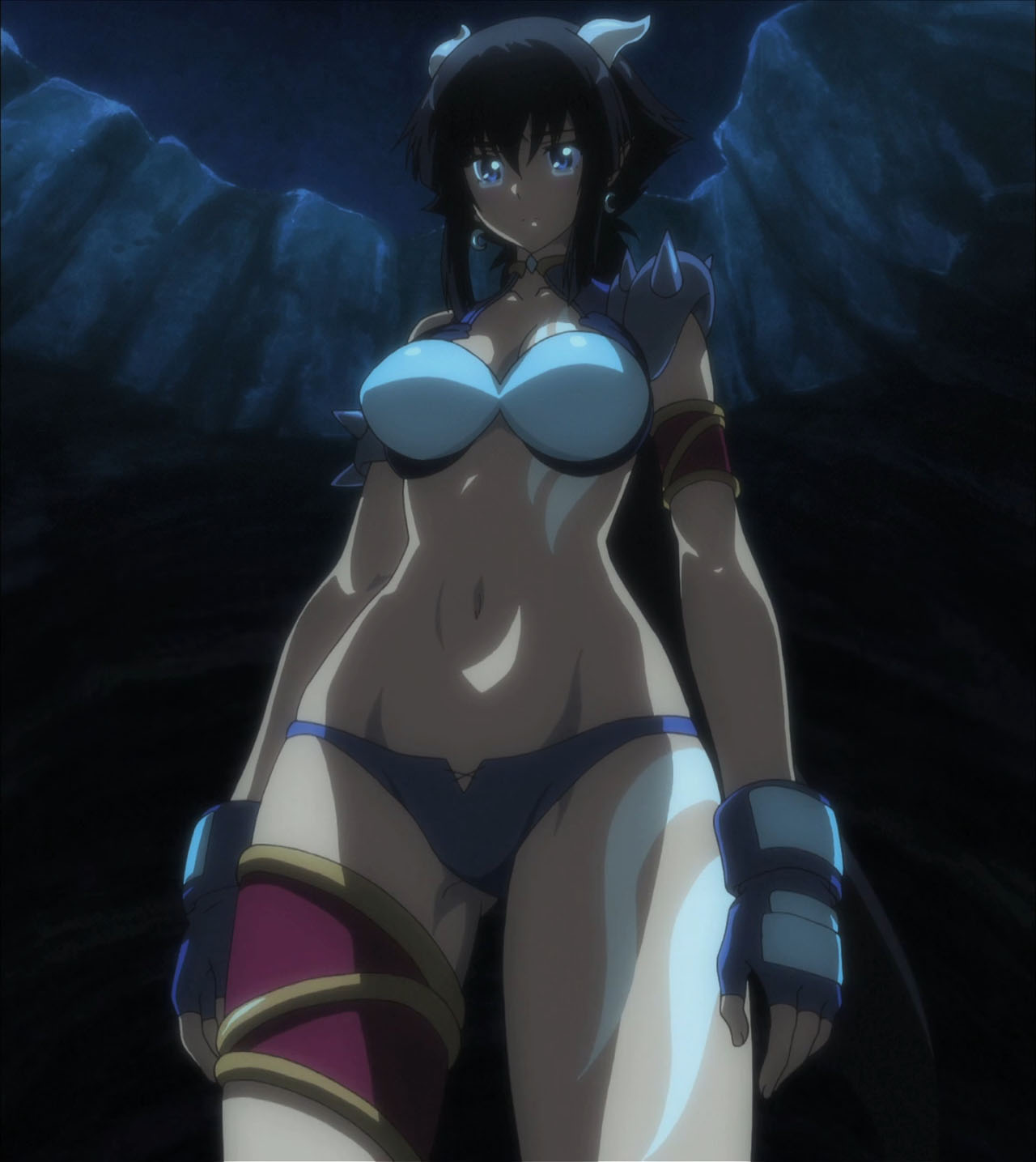 1girl armlet arms_at_sides black_hair blue_eyes blue_gloves breasts cave closed_mouth dark-skinned_female dark_skin demon_girl demon_horns earrings fingerless_gloves from_below gloves hair_between_eyes horns jewelry long_hair looking_at_viewer looking_down medium_breasts midriff momo_kyun_sword navel neck necklace night onihime_(momokyun) pointy_ears revealing_clothes sad screencap spiked_armlet spikes standing tears thighlet