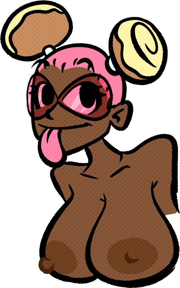 1girl big_breasts breasts brown_skin buns bust cinnabay_(scratchin_melodii) glasses pink_eyes pink_hair scratchin_melodii sirwillydingdong tongue_out transparent_background