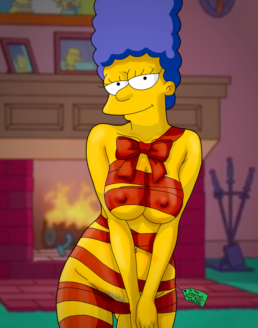 breasts erect_nipples_under_clothes evilweazel_(artist) marge_simpson pubic_hair ribbons the_simpsons