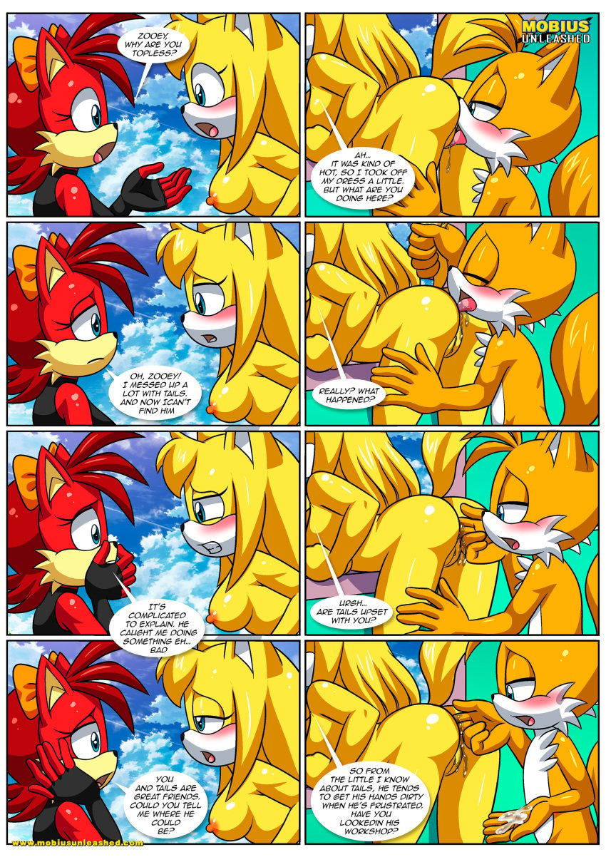 1boy 2girls anal_fingering anilingus anthro ass bbmbbf blush breasts comic fingering fiona_fox let_me_love_you_(comic) male male/female mobian_(species) mobius_unleashed nipples oral oral_sex palcomix pussy pussylicking sega sex sonic_boom sonic_the_hedgehog_(series) tails tails_the_fox zooey_the_fox