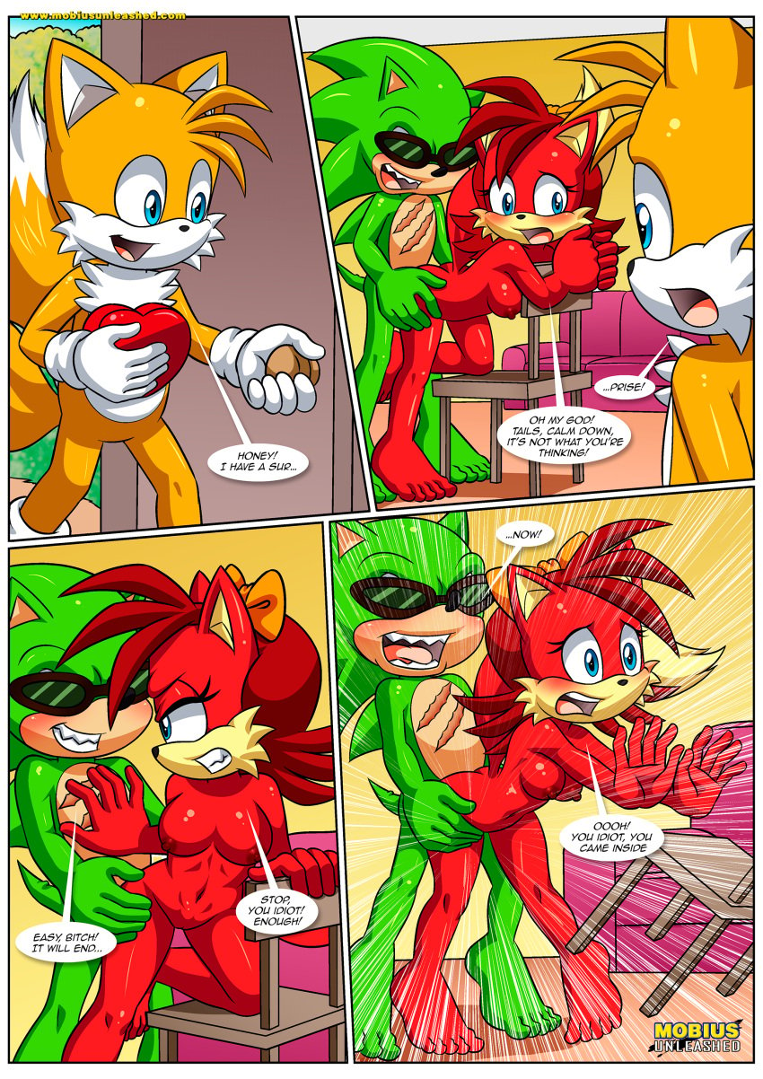 1girl 1girl 2boys anthro ass barefoot bbmbbf blush breasts caught_in_the_act cheating comic cuckold feet fiona_fox f****d forced_cheating humanoid_feet let_me_love_you_(comic) male male/female miles_"tails"_prower mobian_(species) mobius_unleashed navel nipples nude palcomix pussy scourge_the_hedgehog sega sega sex soles sonic_the_hedgehog_(series) tails_the_fox unwanted_cumshot vaginal vaginal_penetration vaginal_sex