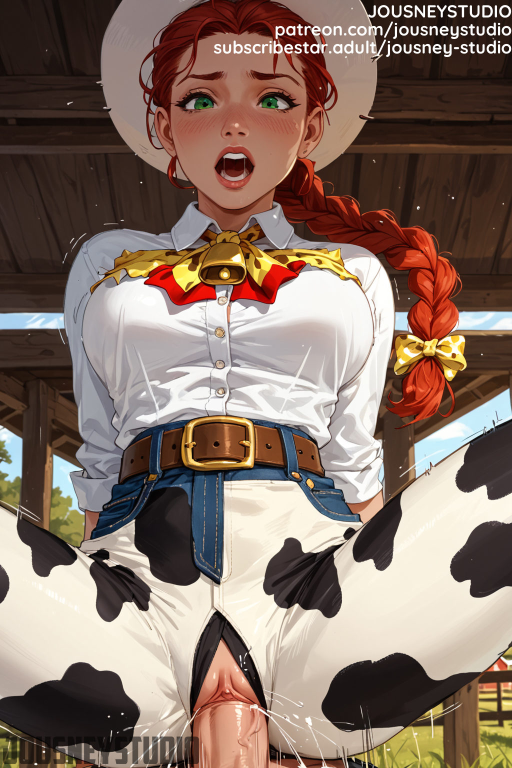 1boy 1girl 1girl ai-created ai_generated animal_print ascot bell belt big_breasts black_panties blush bow braid braided_ponytail breasts brown_belt buttons clitoris clothed_sex clothing collared_shirt cow_print cowboy_hat cowboy_western cowgirl_position day dress_shirt english_language english_text freckles girl_on_top grass green_eyes hair_bow hat headwear hetero jessie_(toy_story) jousneystudio legwear long_hair long_sleeves looking_at_viewer male open_mouth outside pants penis pov pussy red_hair semen sex shirt solo_focus spread_legs straddling teeth text tied_hair toy_story twin_braids uncensored underwear vaginal white_shirt