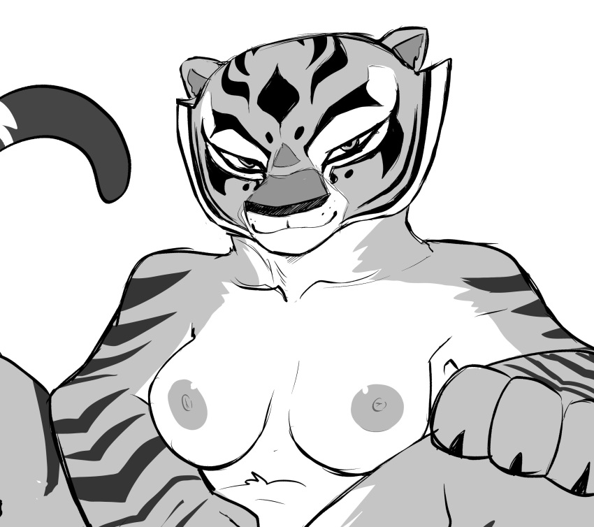 1girl 1girl absurd_res anthro bedroom_eyes breasts dr._pizza_boi dreamworks felid fur high_res inkershike kung_fu_panda mammal master_tigress monochrome narrowed_eyes nipples pantherine seductive smile striped_body striped_fur stripes tail tiger