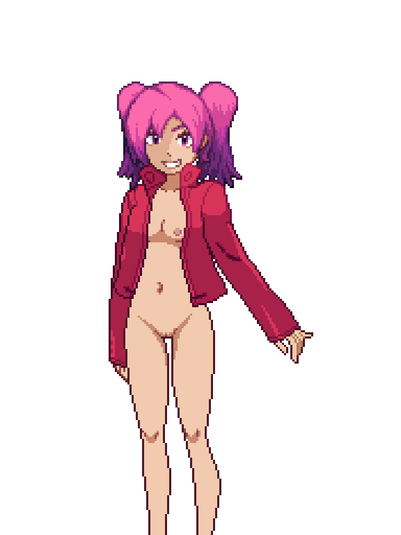 1girl 1girl breasts charlotte_(pokemon) charlotte_(pokemon_reborn) charlotte_belrose edit female_only gym_leader leather_jacket nipples nude nude_female pink_eyes pink_hair pixel_art pokemon pokemon_fangame pokemon_reborn small_breasts twin_tails