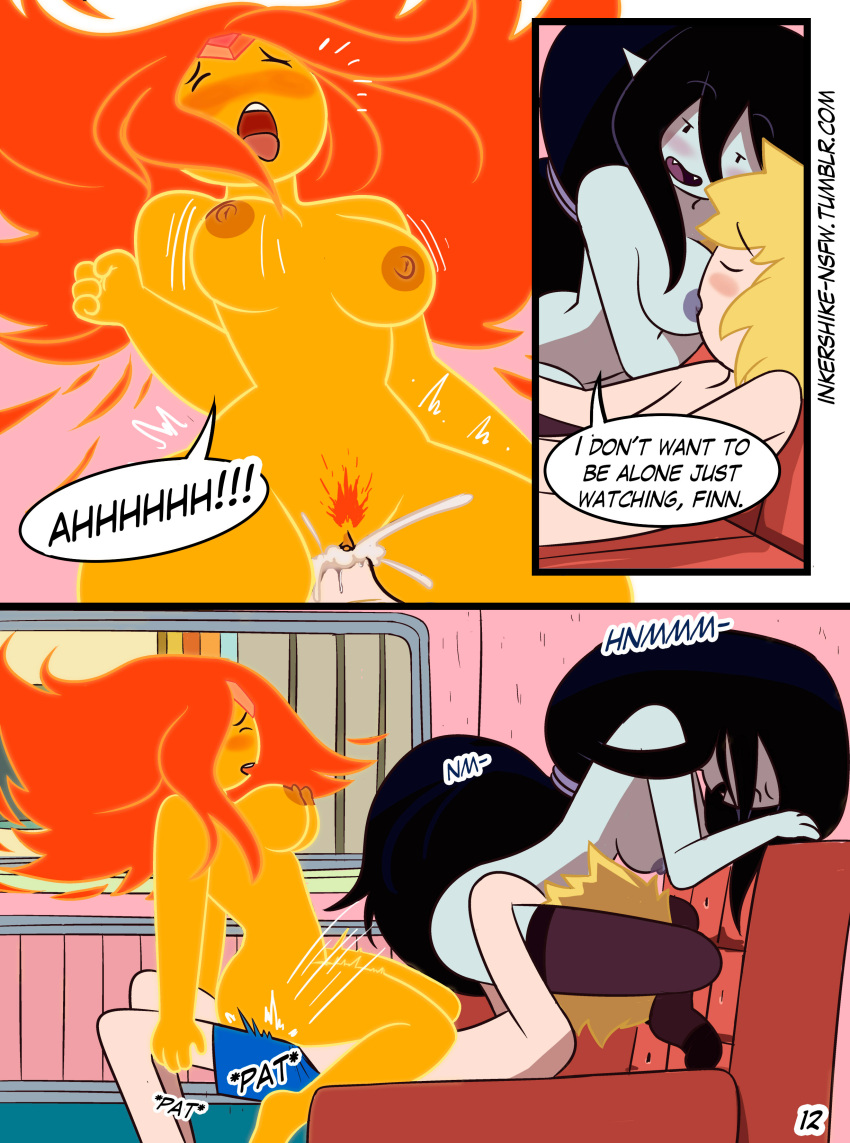 1boy 2_girls adventure_time age_difference areola ass ass_grab big_ass big_breasts black_hair blush breasts cartoon_network comic cowgirl_position cum cum_drip deep_penetration drpizzaboi1 english_text female_on_top finn_the_human flame_princess grey_skin imminent_sex inkershike kissing large_ass long_hair marceline mature_female mature_woman nipples nude nude_female nude_male older_female orange_hair orange_skin pale_skin penetration penis pleasure_face pussy sex shorts smile straight_hair text threesome vaginal_penetration vaginal_sex vampire younger_female younger_male