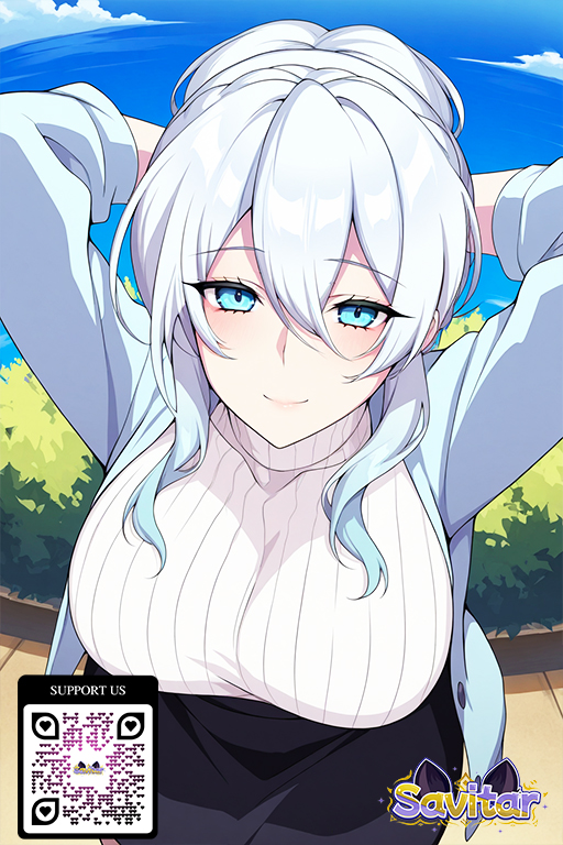 1girl 1girl 1girl ai_generated arms_behind_head arms_up bangs big_breasts black_skirt blue_eyes blue_hair blue_sky blush breasts closed_mouth clothing cloud day gradient_hair hair_between_eyes jacket leaning_forward littlehentai long_hair long_sleeves looking_at_viewer multicolored_hair ocean open_clothes original outside savitar savitar_(artist) shirt skirt sky smile sweater tied_hair turtleneck white_hair white_sweater