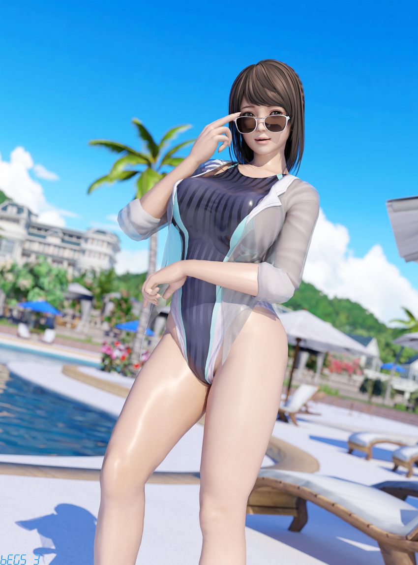 1girl alluring bare_legs begs3 big_breasts bikini brown_hair dead_or_alive dead_or_alive_xtreme_venus_vacation one-piece_bikini open_shirt pin_up sunglasses_down swimming_pool tecmo tsukushi_(doa)