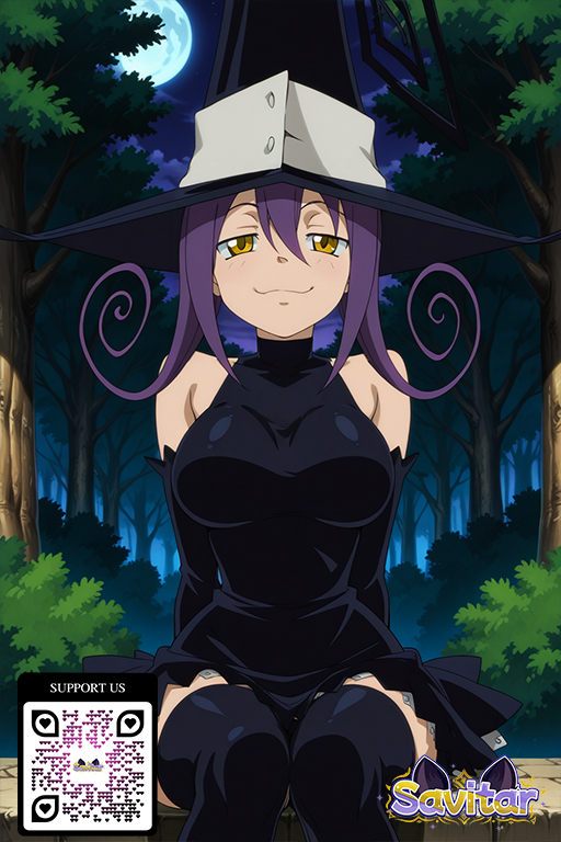 :3 ai_generated bangs bare_shoulders big_breasts black_dress black_headwear black_legwear black_thighhighs blair blair_(soul_eater) blush breasts closed_mouth clothing detached_sleeves dress elbow_gloves forest gloves hair_between_eyes halloween hat headwear legwear littlehentai long_hair looking_at_viewer moon nature night night_sky outside pov purple_hair savitar sky smile soul_eater spellcaster standing stockings thighs tree witch witch_hat yellow_eyes zettai_ryouiki