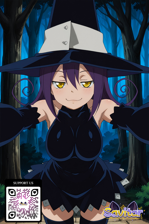 :3 ai_generated bangs bare_shoulders big_breasts black_dress black_headwear black_legwear black_thighhighs blair blair_(soul_eater) blush breasts closed_mouth clothing detached_sleeves dress elbow_gloves forest gloves hair_between_eyes halloween hat headwear legwear littlehentai long_hair looking_at_viewer moon nature night night_sky outside pov purple_hair savitar sky smile soul_eater spellcaster standing stockings thighs tree witch witch_hat yellow_eyes zettai_ryouiki