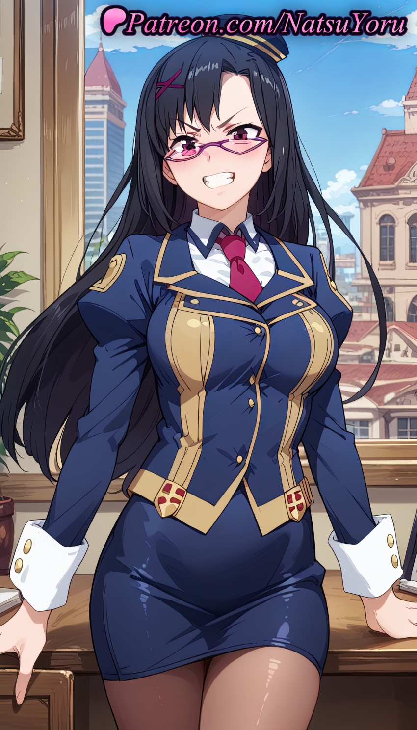 2025 ai_generated anime anime_style asian big_breasts black_hair blouse blue_headwear blue_jacket blue_skirt blue_sky blush breasts brown_pantyhose building bust clenched_teeth clothing cloud collared_shirt cowboy_shot day female_focus garrison_cap glasses grin hair_ornament hat hentai high_quality high_res high_resolution indoors jacket juliet_sleeves kono_subarashii_sekai_ni_shukufuku_wo! long_hair long_sleeves looking_at_viewer megane miniskirt natsuyoru neck_tie pantyhose patreon pencil_skirt pink-framed_eyewear puffy_sleeves purple-framed_eyewear red_eyes red_necktie semi-rimless_eyewear sena_(konosuba) shirt skirt sky sleeve_cuffs smile stable_diffusion standing teeth tie uniform v-shaped_eyebrows voluptuous voluptuous_female white_shirt window x_hair_ornament