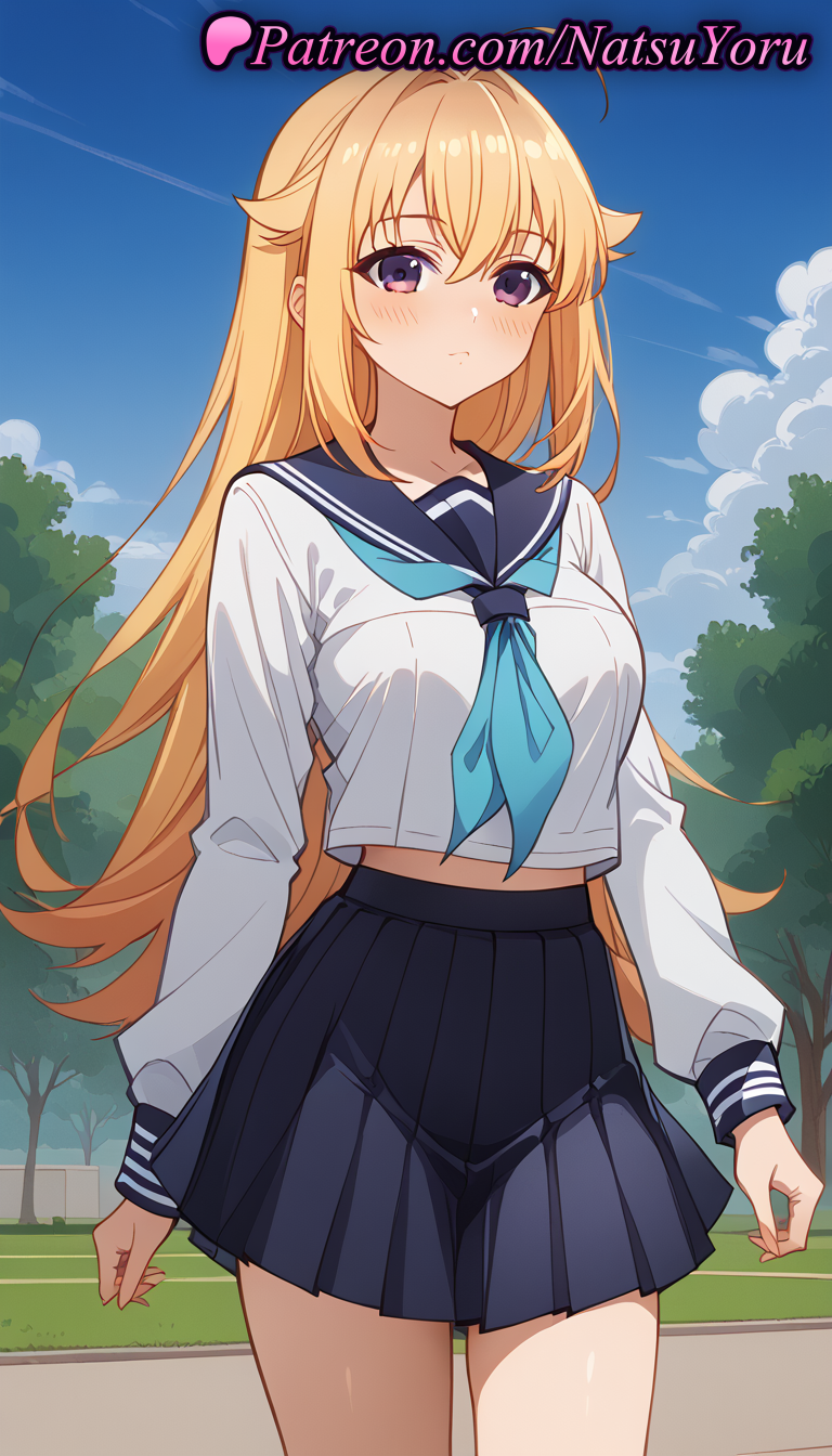 2025 ahoge ai_generated anime anime_style aqua_neckerchief bangs big_breasts black_skirt blonde_hair blue_neckerchief blue_sailor_collar blue_skirt blue_sky blush braid breasts bust closed_mouth cloud cowboy_shot crop_top crop_top_overhang day female_focus hair_between_eyes hair_flaps hentai high-waist_skirt high_quality high_res high_resolution koshi_torako long_hair long_sleeves looking_at_viewer medium_breasts midriff miniskirt my_deer_friend_nokotan natsuyoru neckerchief outside patreon pleated_skirt purple_eyes sailor_collar sailor_uniform school_uniform serafuku shikanoko_nokonoko_koshitantan shirt skirt sky stable_diffusion standing thighs tree very_long_hair voluptuous voluptuous_female white_shirt