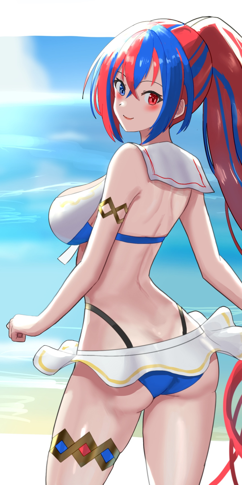 1girl 1girl 1girl alear_(female)_(fire_emblem) alear_(female)_(seaside_dragon)_(fire_emblem) alear_(fire_emblem) alluring alternate_costume alternate_hairstyle ass beach big_ass big_breasts bikini blue_hair color female_only fire_emblem fire_emblem_engage fire_emblem_heroes grin heterochromia looking_at_viewer looking_back microskirt nintendo official_alternate_costume official_alternate_hairstyle outside pool-skirt red_and_blue_hair red_eyes red_hair skirt smile solo_female swimsuit tarutaru193 thick_thighs thighs