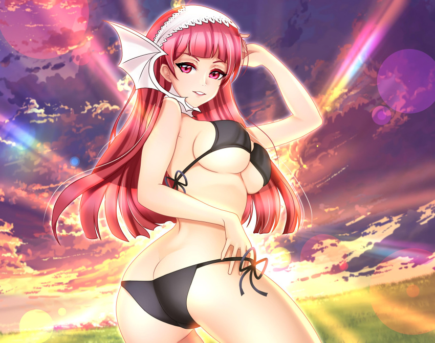 1girl 1girl absurd_res alluring alternate_costume arm_up ass ass_cleavage back bangs bare_thighs big_ass big_breasts bikini black_bikini black_swimsuit butt_crack cherche_(fire_emblem) detailed_background fire_emblem fire_emblem_awakening grass hair_ornament high_res long_hair looking_at_viewer looking_back nintendo outside panty_pull pink_eyes pink_hair red_eyes red_hair risovaka sideboob sky sunset swimsuit symbol-shaped_pupils teasing thighs under_boob violet_eyes violet_hair