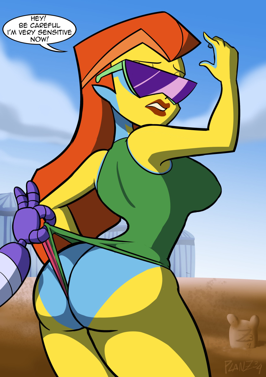 2d alien alien_girl ass beach blue-skinned_female blue_skin breasts buzz_lightyear_of_star_command dialogue disney huge_breasts mira_nova one-piece_swimsuit pixar planz34 pulling_clothing pulling_swimsuit purple-tinted_eyewear sand sandcastle smooth_skin speech_bubble sunburn sunglasses swimsuit swimwear thick_ass tinted_eyewear xr yellow-skinned_female yellow_skin