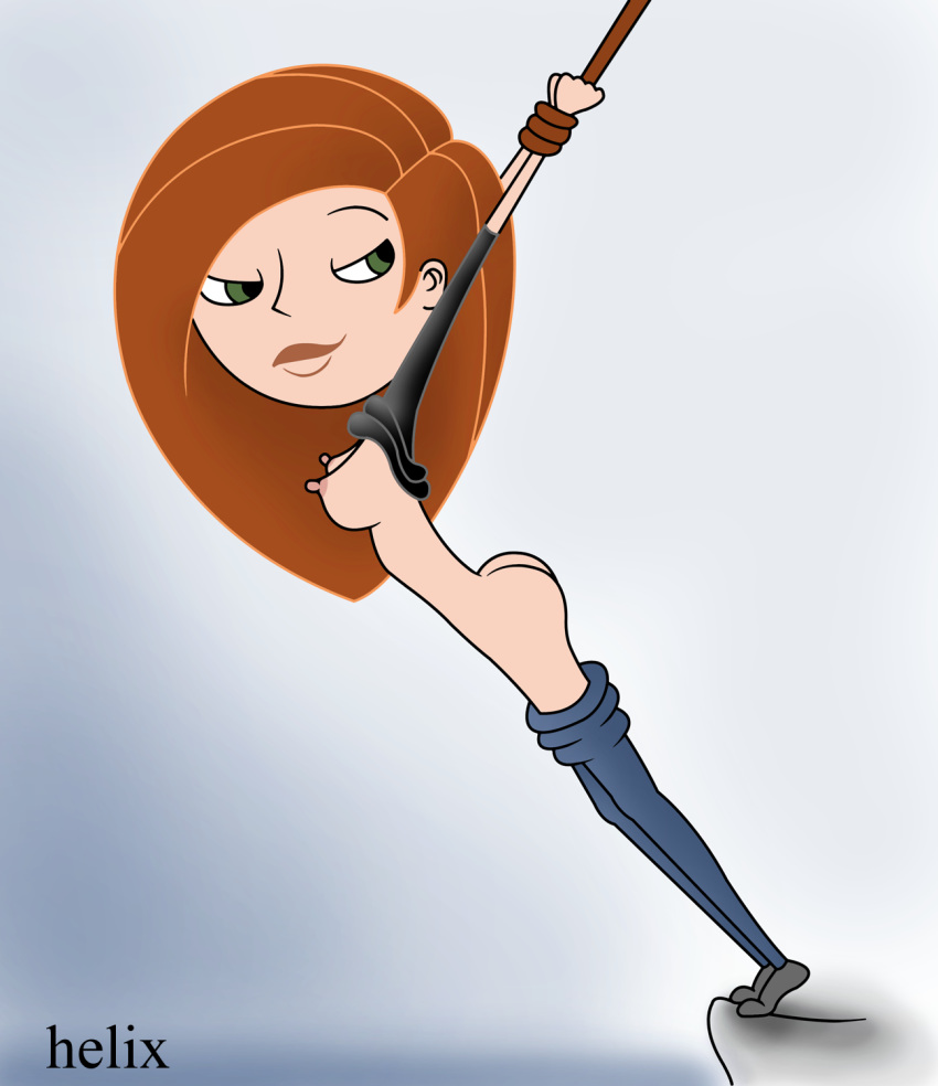 1girl 1girl 1girl arms_up ass big_breasts bondage brown_hair disney female_only green_eyes helix human kim_possible kimberly_ann_possible long_hair nipples pants_down rope rope_bondage