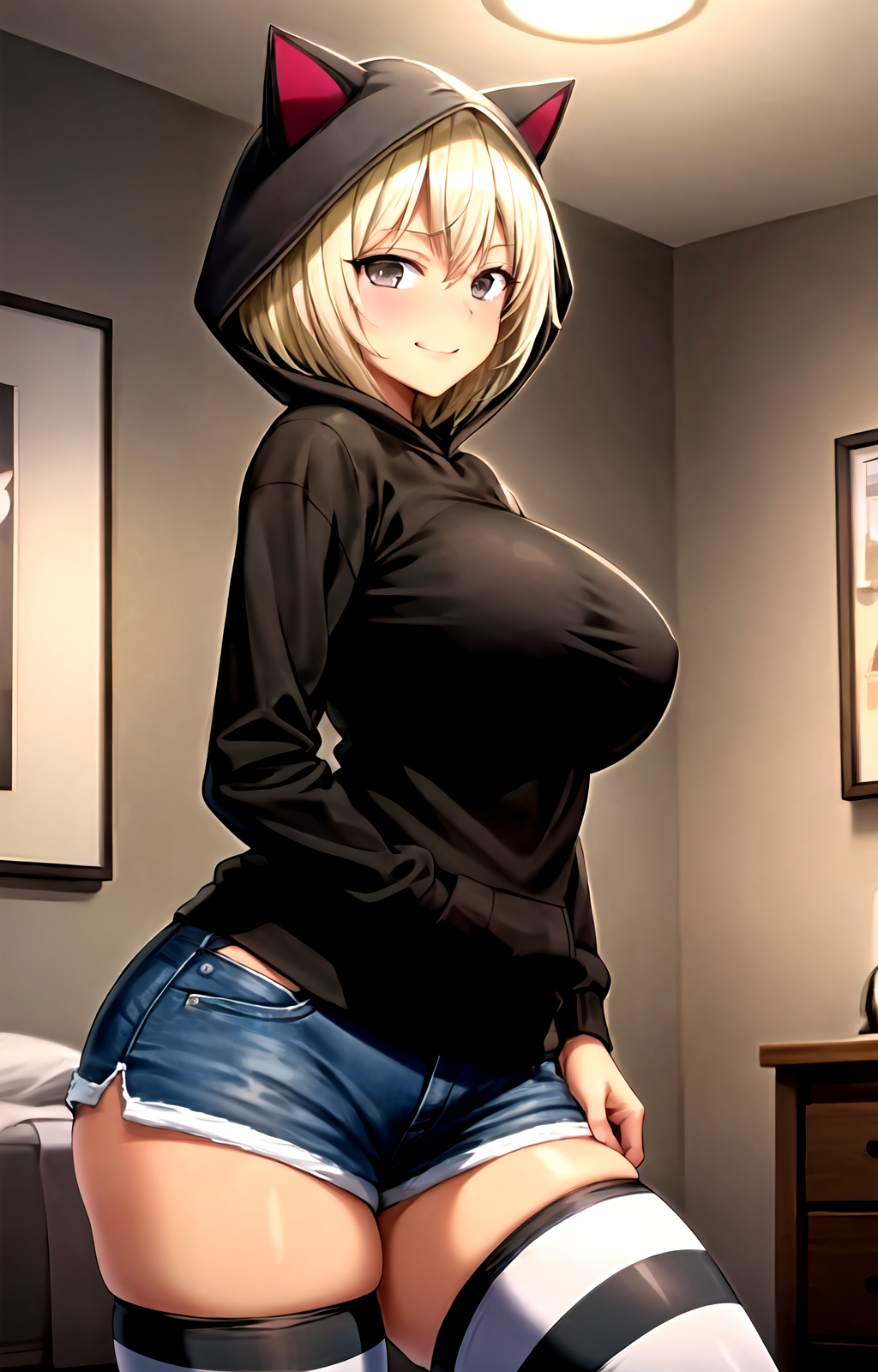 1girl 1girl ai_generated animal_hood big_breasts black_hoodie blonde_hair blue_shorts blush breasts brown_eyes cat_hood closed_mouth cowboy_shot denim denim_shorts grey_eyes hikaru_(rape_gouhouka!!!) hood hoodie indoors long_sleeves looking_at_viewer pixiv rape_gouhouka!!! rena_aikawa_(pixiv_user) short_hair short_shorts shorts skindentation smile stable_diffusion standing stockings striped_clothes striped_thighhighs tagme thighs white_thighhighs