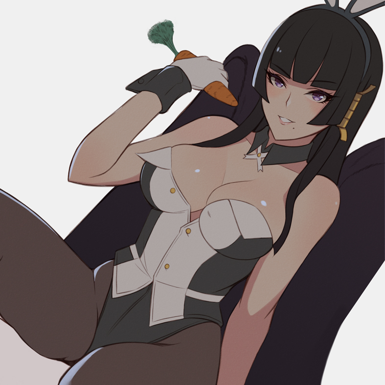 1girl 1girl alluring animal_ear_hairband animal_ears big_breasts black_collar black_hair black_hairband black_wings blunt_bangs carrot collar commentary_request dead_or_alive dead_or_alive_6 dead_or_alive_xtreme dead_or_alive_xtreme_venus_vacation detached_collar eyelashes fake_animal_ears gloves hairband holding holding_carrot konishiki_(52siki) leotard long_hair looking_at_viewer mole mole_under_mouth nyotengu pantyhose playboy_bunny purple_eyes rabbit_ear_hairband rabbit_ears simple_background smile strapless strapless_leotard tecmo white_background white_gloves wings