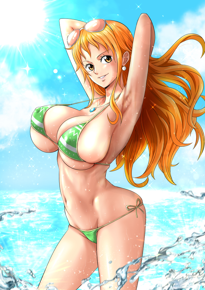 1girl 1girl alluring big_breasts bikini curvy day earrings floating_hair green_bikini jewelry lips long_hair looking_at_viewer micro_bikini minpei_ichigo nami_(one_piece) navel one_piece orange_eyes orange_hair shiny_skin side-tie_bikini_bottom swimsuit thong thong_bikini wide_hips