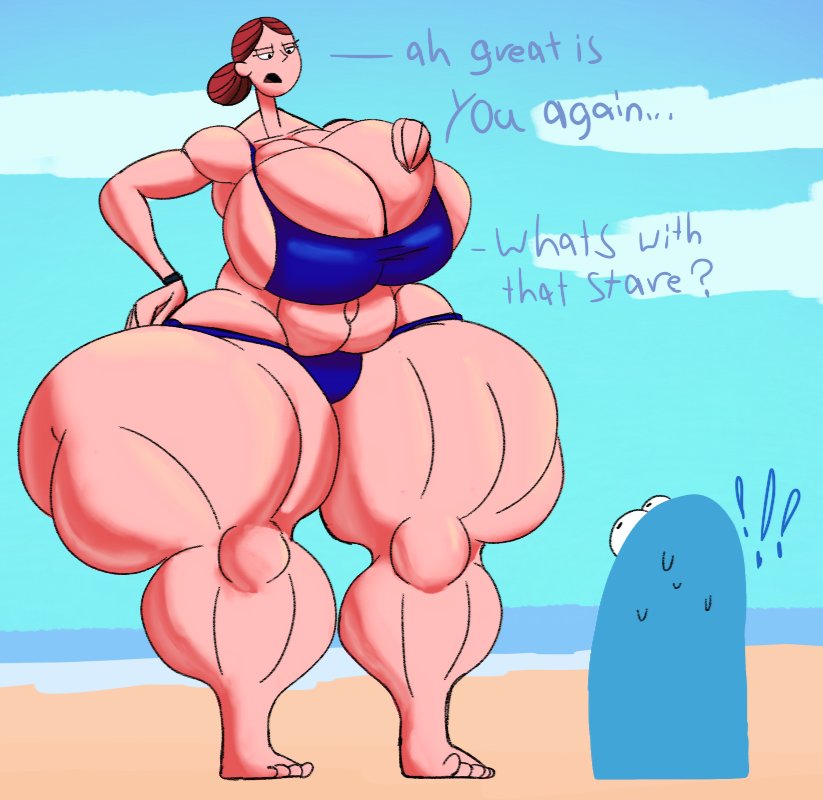 !!! 1girl 1girl beach big_breasts bikini bloo breasts cartoon_network fhfif_cop foster's_home_for_imaginary_friends huge_breasts huge_thighs lazypummalbutt muscular_thighs officer_jones text thick_thighs venus_body wide_hips