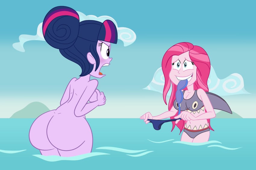 1girl 2_girls accurate_art_style ass assisted_exposure backside big_ass big_breasts bikini bikini_bottom bikini_top blush breasts bubble_butt embarrassed_nude_female enf equestria_girls friendship_is_magic hasbro holding_bikini_bottom holding_bikini_top my_little_pony nude nude_female older older_female pink_hair pink_skin pinkie_pie_(eg) purple_hair purple_skin sci-twi scobionicle99 shark_suit stolen_bikini stolen_swimsuit straight_hair thick_ass twilight_sparkle_(eg) young_adult young_adult_female young_adult_woman