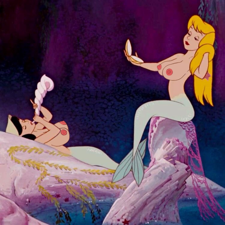 1girl 2_girls arika_(peter_pan) big_breasts black_hair blonde_hair breasts disney edit female_only hair lipstick mermaid mermaid_tail nipples no_bra peter_pan peter_pan_(disney) screenshot_edit visola