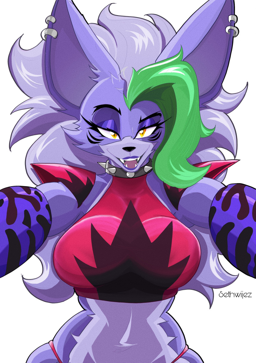 1girl 2024 absurd_res anthro armwear big_breasts big_ears big_hair black_nose breasts canid canine canis cheek_tuft clothing collar digital_media_(artwork) ear_piercing english_text eyelashes facial_markings facial_tuft fangs female five_nights_at_freddy's five_nights_at_freddy's:_security_breach front_view fur green_highlights grey_hair hair head_markings high_res highlights_(coloring) lipstick long_hair looking_at_viewer makeup mammal markings navel open_mouth open_smile piercing pink_clothing pink_topwear purple_armwear purple_body purple_clothing purple_fur purple_lipstick roxanne_wolf_(fnaf) sayuraa_sethwijez scottgames sharp_teeth shoulder_pads simple_background smile solo spiked_collar spikes steel_wool_studios teeth text thong_straps topwear tuft white_background wide_hips wolf yellow_eyes